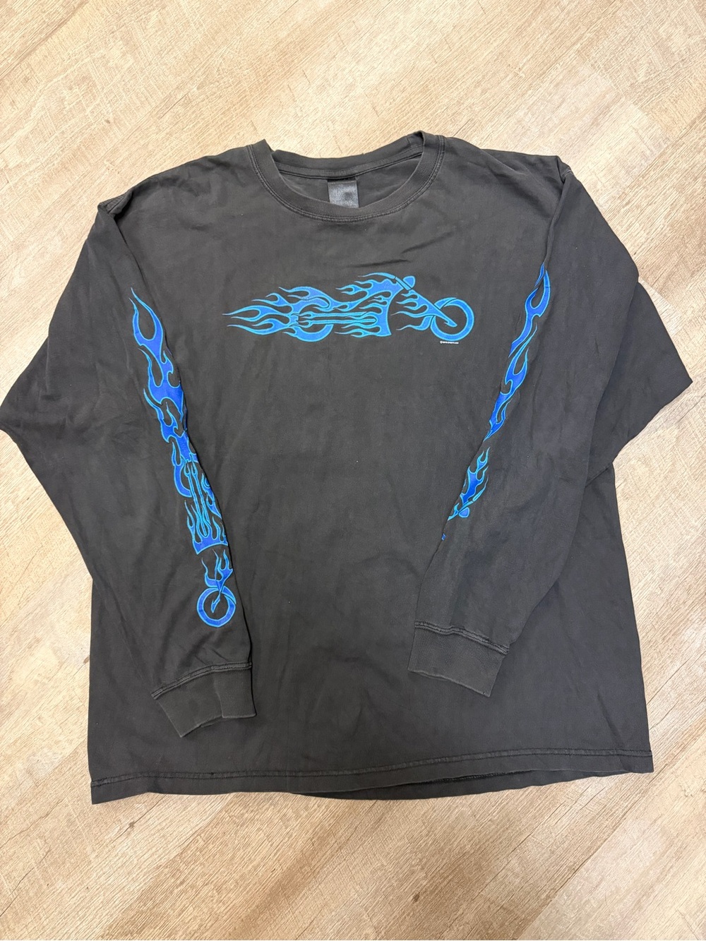 Black Long-Sleeve Graphic Tee with Blue Flame Motorcycle Design